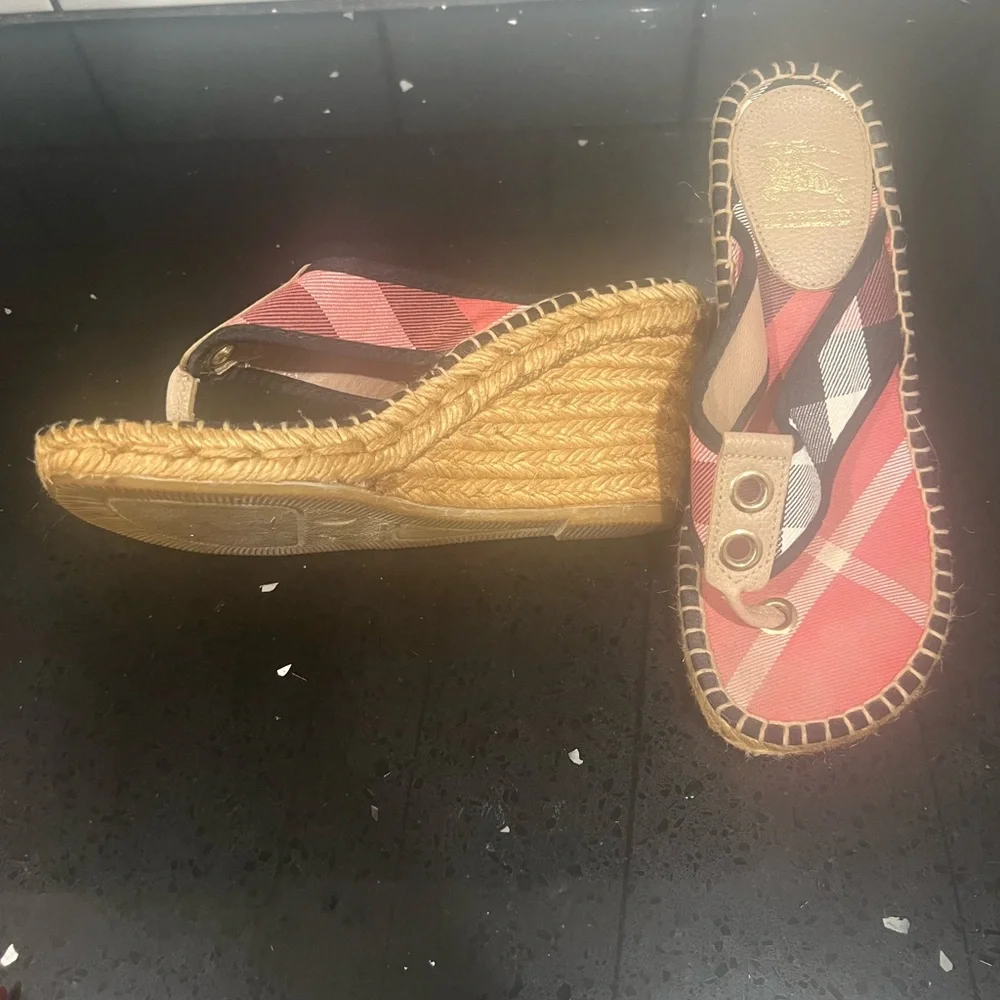 Burberry Red and Black Plaid Wedge Sandals - Picture 5 of 6